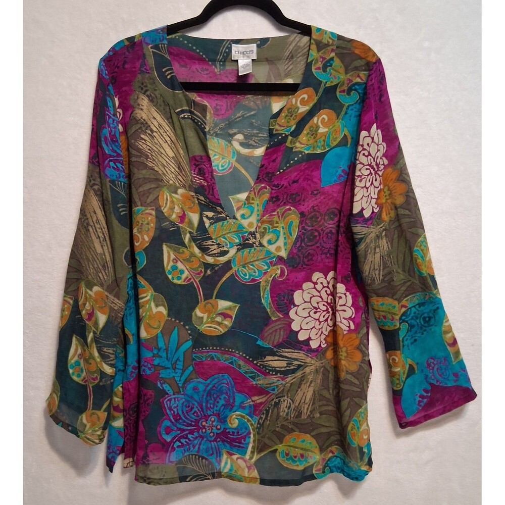Chicos 1 (M) Top Floral Silk Sheer V-Neck 3/4 Sleeve Autumn Cruise Lagenlook
